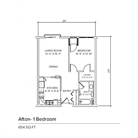 A floor plan of a 1 bedroom apartment sized 654 square feet.